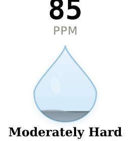 Water hardness gauge for Farmington NM showing 85 PPM Moderately Hard